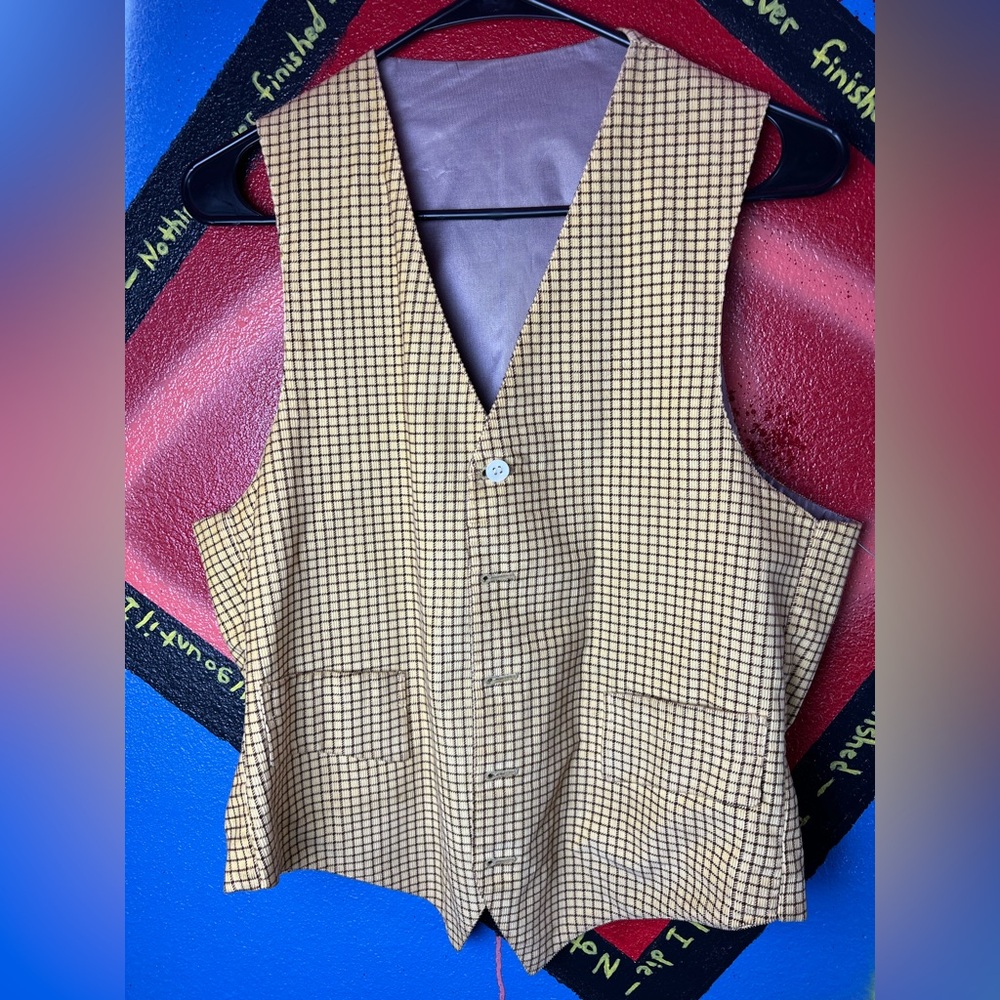 Women’s Corduroy Vest Funky Gold Checkered Size Medium Annie Hall Vibes